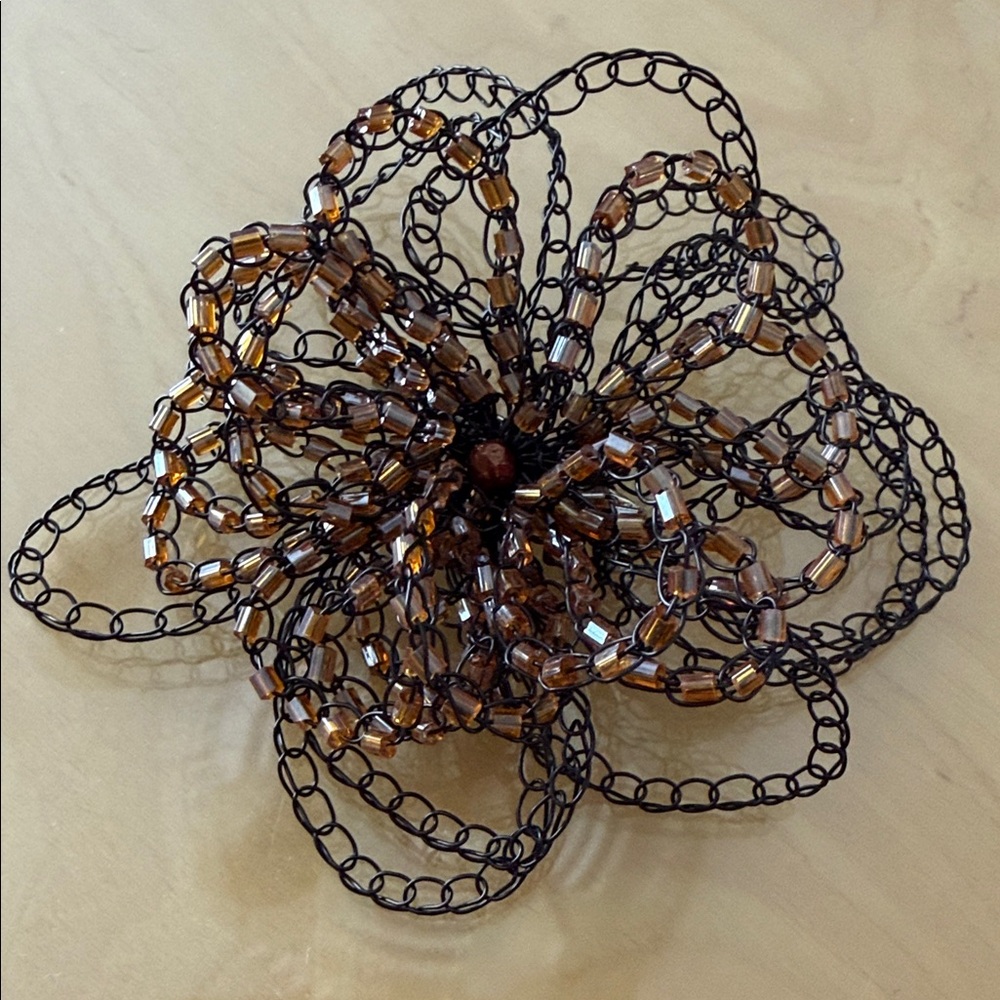 Brown Beaded Wire Flower Brooch